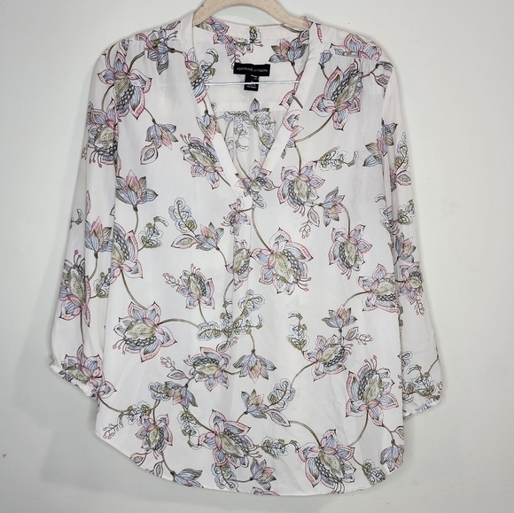 Adrienne Vittadini Floral Qomen Medium Long Sleeve V Neck Spring Summer Blouse - Picture 1 of 7
